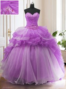 Purple Ball Gowns Organza Sweetheart Sleeveless Beading and Ruffled Layers Lace Up Sweet 16 Quinceanera Dress Sweep Train