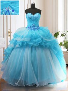 Free and Easy Organza Sweetheart Sleeveless Sweep Train Lace Up Beading and Ruffled Layers Ball Gown Prom Dress in Baby Blue