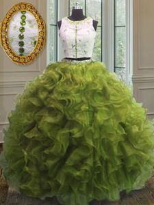 Super Organza Scoop Sleeveless Clasp Handle Appliques and Ruffles Quinceanera Gown in Olive Green