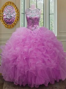 Scoop Sleeveless Organza Quinceanera Gowns Beading and Ruffles Lace Up