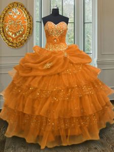 Latest Floor Length Orange Quinceanera Dress Organza Sleeveless Beading and Ruffled Layers and Pick Ups