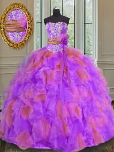 Multi-color Ball Gowns Sweetheart Sleeveless Organza Floor Length Lace Up Beading and Ruffles and Sashes|ribbons and Hand Made Flower Quinceanera Dress