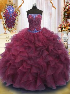 Burgundy Strapless Neckline Beading and Ruffles Vestidos de Quinceanera Sleeveless Lace Up