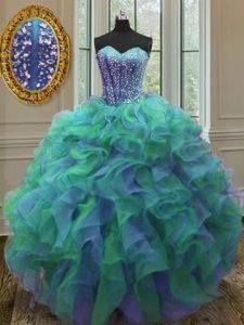 Turquoise Lace Up Quinceanera Gown Beading and Ruffles Sleeveless With Train Sweep Train