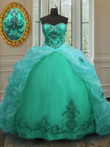 Enchanting Sleeveless With Train Beading and Appliques and Pick Ups Lace Up Quinceanera Dress with Turquoise Court Train