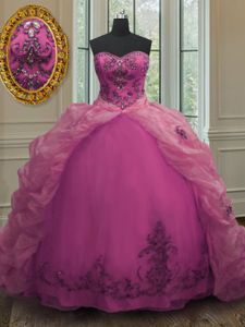 Custom Made Fuchsia Organza Lace Up Sweetheart Sleeveless With Train Sweet 16 Quinceanera Dress Court Train Beading and Appliques and Pick Ups