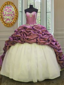 Dramatic White And Purple Ball Gowns Beading and Appliques and Pick Ups Sweet 16 Dress Lace Up Organza and Taffeta Sleeveless