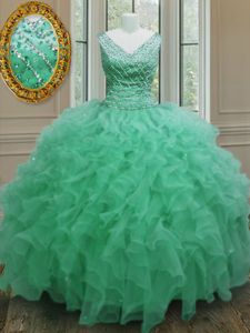 V-neck Sleeveless Zipper 15 Quinceanera Dress Apple Green Organza