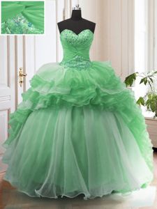 Custom Design Green Organza Lace Up Ball Gown Prom Dress Sleeveless Sweep Train Beading and Ruffled Layers