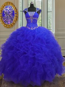 Suitable Blue Organza Lace Up Straps Cap Sleeves High Low Ball Gown Prom Dress Beading and Ruffles and Sequins