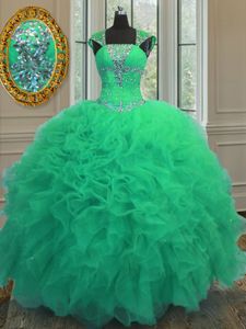 Ruffled Court Train Ball Gowns Quinceanera Dresses Blue Sweetheart Organza Sleeveless With Train Lace Up