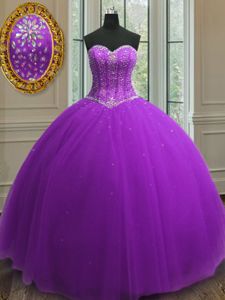 Purple Sleeveless Floor Length Beading and Sequins Lace Up Sweet 16 Dresses