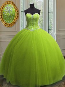 Deluxe Yellow Green Sleeveless Floor Length Beading and Sequins Lace Up Quince Ball Gowns