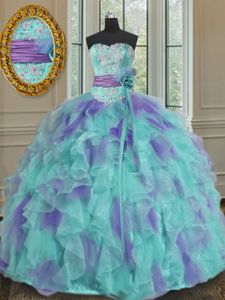 Dynamic Beading and Appliques and Ruffles and Sashes|ribbons and Hand Made Flower Vestidos de Quinceanera Multi-color Lace Up Sleeveless Floor Length