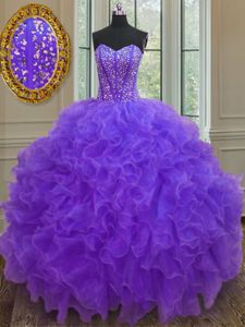 Purple Organza Lace Up Quinceanera Dresses Sleeveless Floor Length Beading and Ruffles