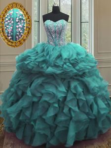 Turquoise Sleeveless Organza Lace Up Ball Gown Prom Dress for Military Ball and Sweet 16 and Quinceanera