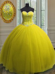 Sequins Yellow Sleeveless Tulle Lace Up Quinceanera Dresses for Military Ball and Sweet 16 and Quinceanera