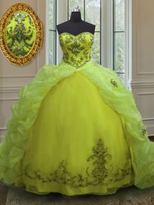 Beautiful Pick Ups Yellow Green Sleeveless Organza Court Train Lace Up Quince Ball Gowns for Military Ball and Sweet 16 and Quinceanera