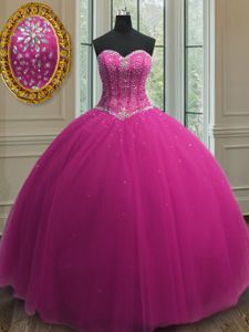 Beading and Sequins Quinceanera Gown Fuchsia Lace Up Sleeveless Floor Length