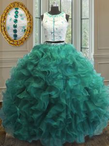 Stunning Turquoise Clasp Handle Scoop Appliques and Ruffles 15 Quinceanera Dress Organza Sleeveless