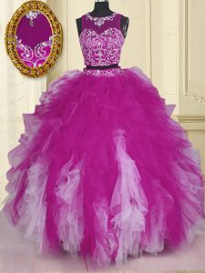 Tulle Scoop Sleeveless Zipper Beading and Ruffles Sweet 16 Quinceanera Dress in Fuchsia