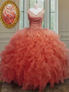 Great Organza Sleeveless Floor Length Sweet 16 Dress and Beading and Ruffles