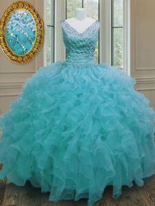 Sexy Aqua Blue Zipper Quinceanera Gown Beading and Ruffles Sleeveless Floor Length