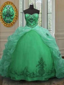 Custom Fit Green Sleeveless With Train Beading and Appliques and Pick Ups Lace Up Quinceanera Gowns