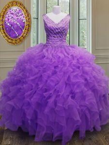 Clearance Floor Length Purple Quince Ball Gowns V-neck Sleeveless Zipper