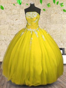 Floor Length Lace Up Quinceanera Gowns Yellow and In for Military Ball and Sweet 16 and Quinceanera with Appliques and Ruching