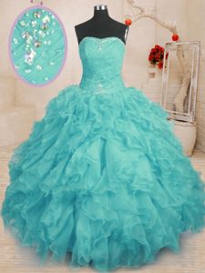 Flirting Aqua Blue Sleeveless Organza Lace Up Quince Ball Gowns for Military Ball and Sweet 16 and Quinceanera