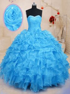 Floor Length Baby Blue Sweet 16 Dress Sweetheart Sleeveless Lace Up