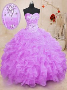 Stylish Lilac Ball Gowns Sweetheart Sleeveless Organza Floor Length Lace Up Beading and Ruffles Dama Dress