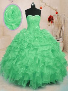 Cheap Organza Sleeveless Floor Length Quinceanera Gowns and Beading and Ruffles and Hand Made Flower