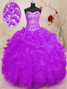 Purple Sleeveless Beading and Ruffles and Sequins Floor Length 15th Birthday Dress