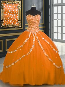 Deluxe Sleeveless Brush Train Beading and Appliques Lace Up Vestidos de Quinceanera