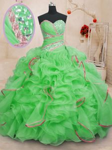 Lace Up Sweetheart Beading and Ruffles Sweet 16 Dresses Organza Sleeveless Brush Train