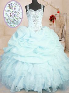 Pick Ups Straps Sleeveless Zipper Quinceanera Dress Light Blue Organza