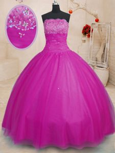 Fashion Floor Length Ball Gowns Sleeveless Fuchsia Sweet 16 Dress Lace Up