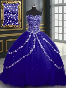 Blue Sleeveless With Train Beading and Appliques Lace Up Sweet 16 Dresses