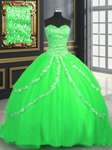 Lace Up Sweetheart Beading and Appliques Quinceanera Gown Tulle Sleeveless Brush Train