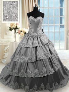 Grey Sleeveless With Train Beading and Appliques and Ruffled Layers Lace Up Quinceanera Dress