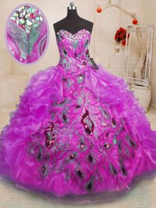 New Arrival Purple Ball Gowns Organza Sweetheart Sleeveless Beading and Appliques and Ruffles Floor Length Zipper Sweet 16 Dresses