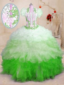 High Quality Sleeveless Organza With Brush Train Lace Up Quinceanera Dresses in Multi-color for with Beading and Appliques and Ruffles