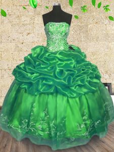 Green Organza Lace Up Strapless Sleeveless Floor Length 15 Quinceanera Dress Beading and Embroidery