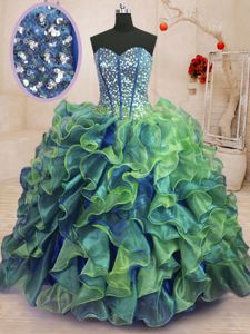 Custom Designed Strapless Sleeveless 15th Birthday Dress Floor Length Beading and Ruffles Black And Purple Organza