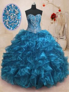 Edgy Blue Ball Gowns Sweetheart Sleeveless Organza With Train Sweep Train Lace Up Beading and Ruffles Quince Ball Gowns