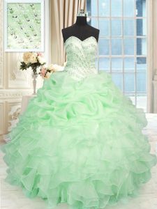 Floor Length Lace Up Quinceanera Dress Apple Green and In for Military Ball and Sweet 16 and Quinceanera with Beading and Ruffles