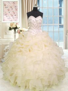 Spectacular Champagne Sleeveless Organza Lace Up Dama Dress for Military Ball and Sweet 16 and Quinceanera