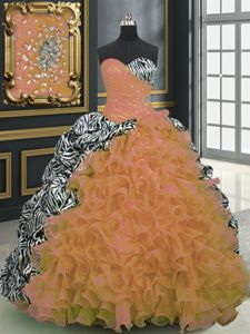 Dramatic Printed Orange Quinceanera Gown Military Ball and Sweet 16 and Quinceanera and For with Beading and Ruffles and Pattern Sweetheart Sleeveless Brush Train Lace Up